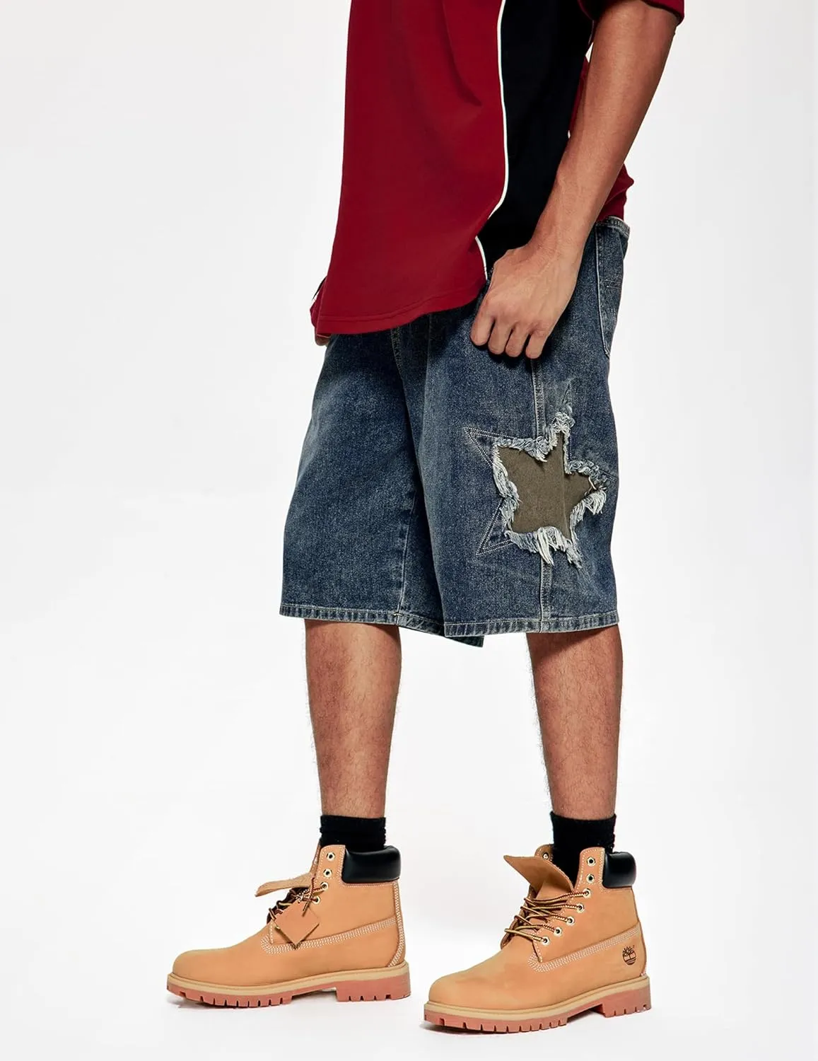 Vamtac Mens Star Patchwork Denim Shorts Mid Rise Casual Loose Summer Streetwear Unisex Jeans Jorts