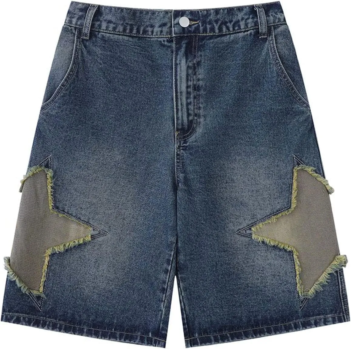 Vamtac Mens Star Patchwork Denim Shorts Mid Rise Casual Loose Summer Streetwear Unisex Jeans Jorts