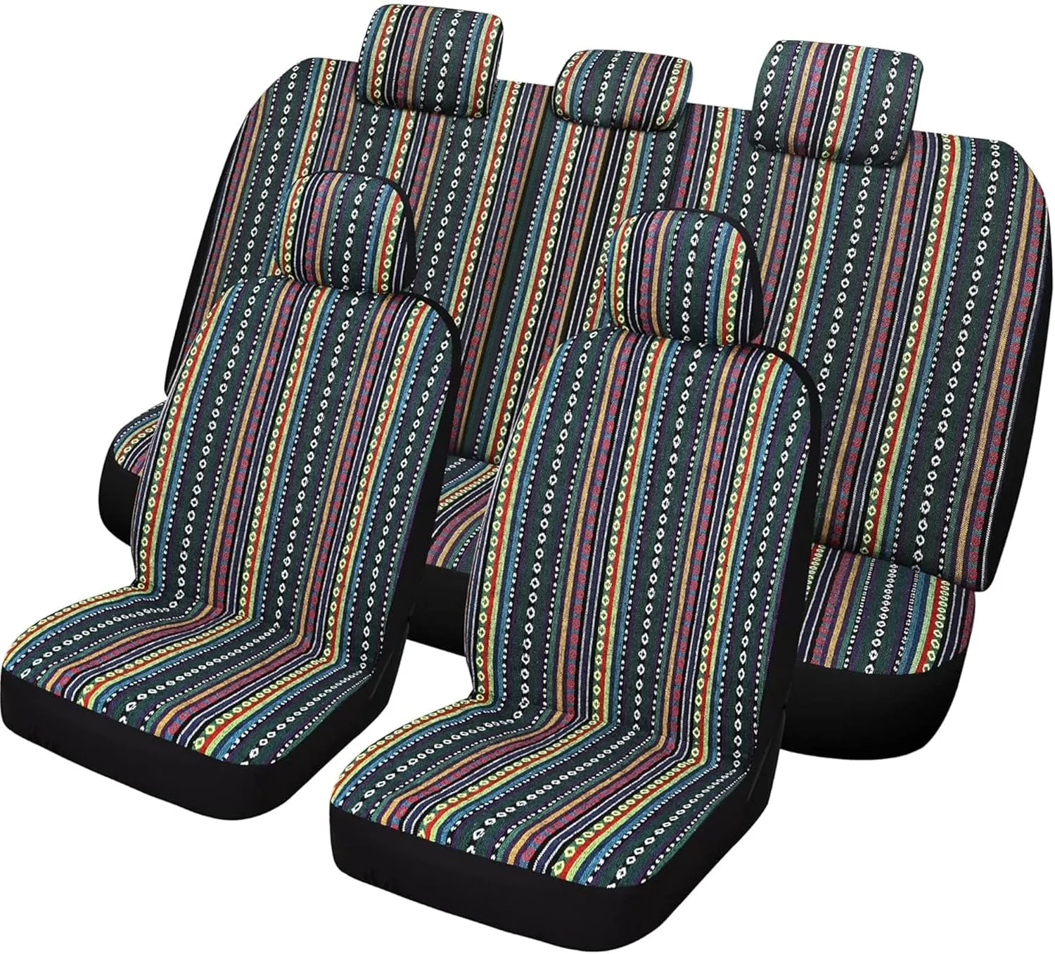 VarCozy Baja Saddle Blanket Seat Covers Full Set, Front Seat Covers and Split Rear Bench Seat Covers for Sedan, SUV, Truck, Universal Stripe Woven Automotive Seat Cover,Breathable, Airbag Compatible