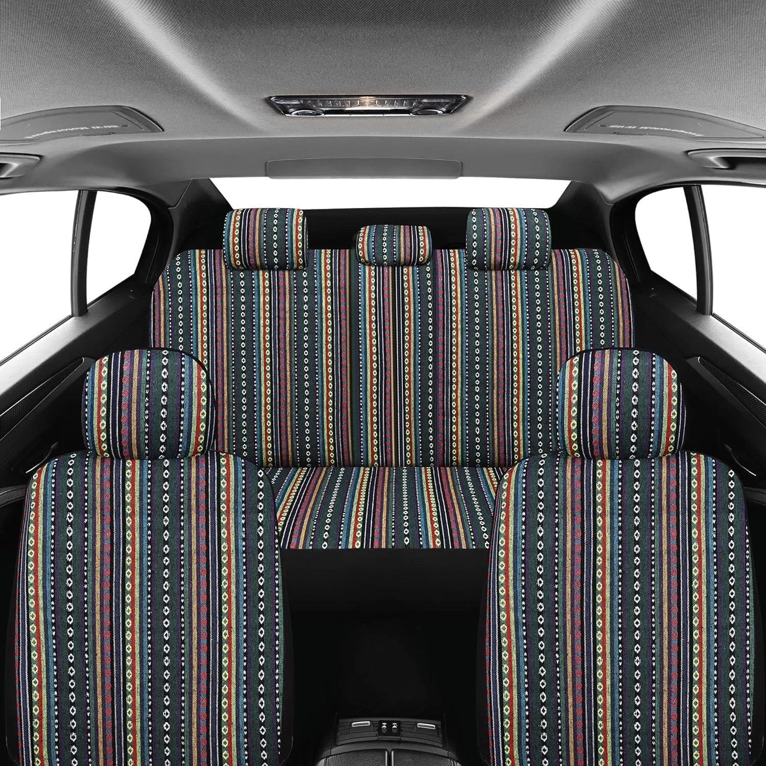 VarCozy Baja Saddle Blanket Seat Covers Full Set, Front Seat Covers and Split Rear Bench Seat Covers for Sedan, SUV, Truck, Universal Stripe Woven Automotive Seat Cover,Breathable, Airbag Compatible