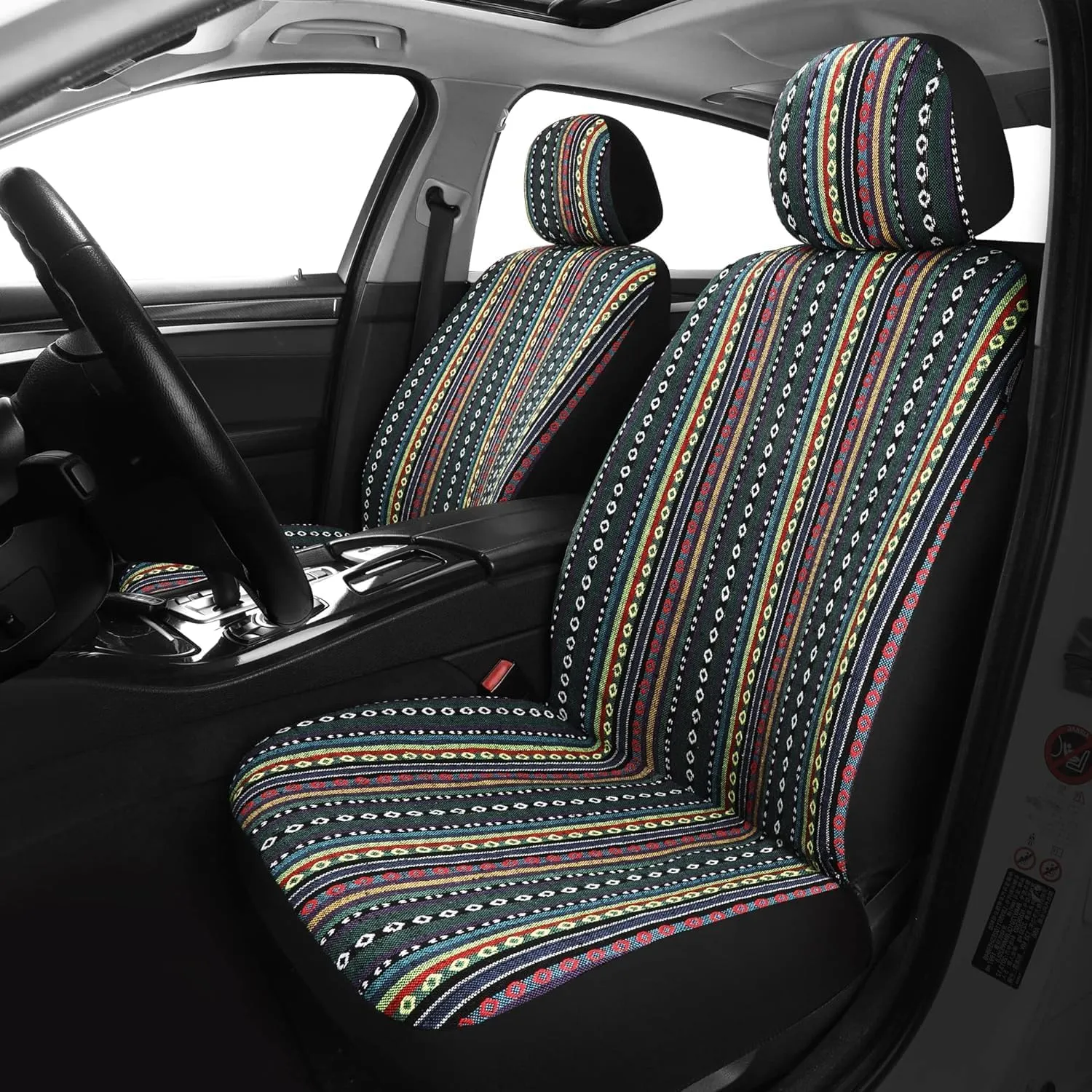 VarCozy Baja Saddle Blanket Seat Covers Full Set, Front Seat Covers and Split Rear Bench Seat Covers for Sedan, SUV, Truck, Universal Stripe Woven Automotive Seat Cover,Breathable, Airbag Compatible