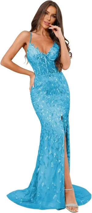 VCCICANY Mermaid Sequin Prom Dresses for Women 2025 Sparkly Lace V Neck Long Formal Evening Gown with Slit