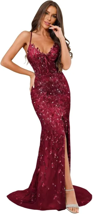 VCCICANY Mermaid Sequin Prom Dresses for Women 2025 Sparkly Lace V Neck Long Formal Evening Gown with Slit