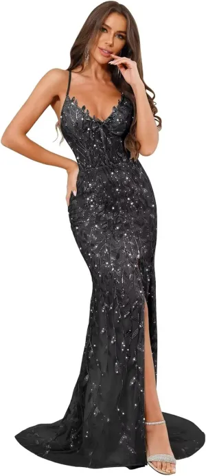 VCCICANY Mermaid Sequin Prom Dresses for Women 2025 Sparkly Lace V Neck Long Formal Evening Gown with Slit