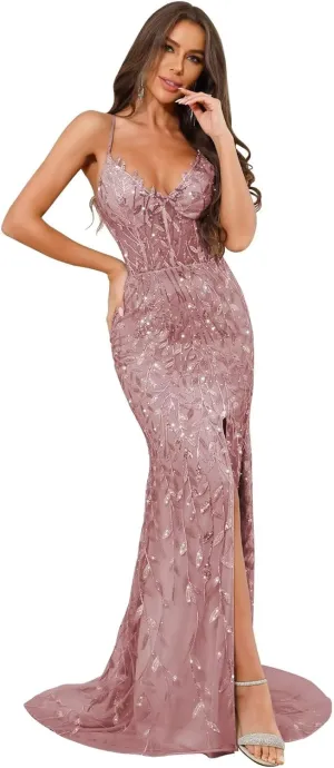 VCCICANY Mermaid Sequin Prom Dresses for Women 2025 Sparkly Lace V Neck Long Formal Evening Gown with Slit