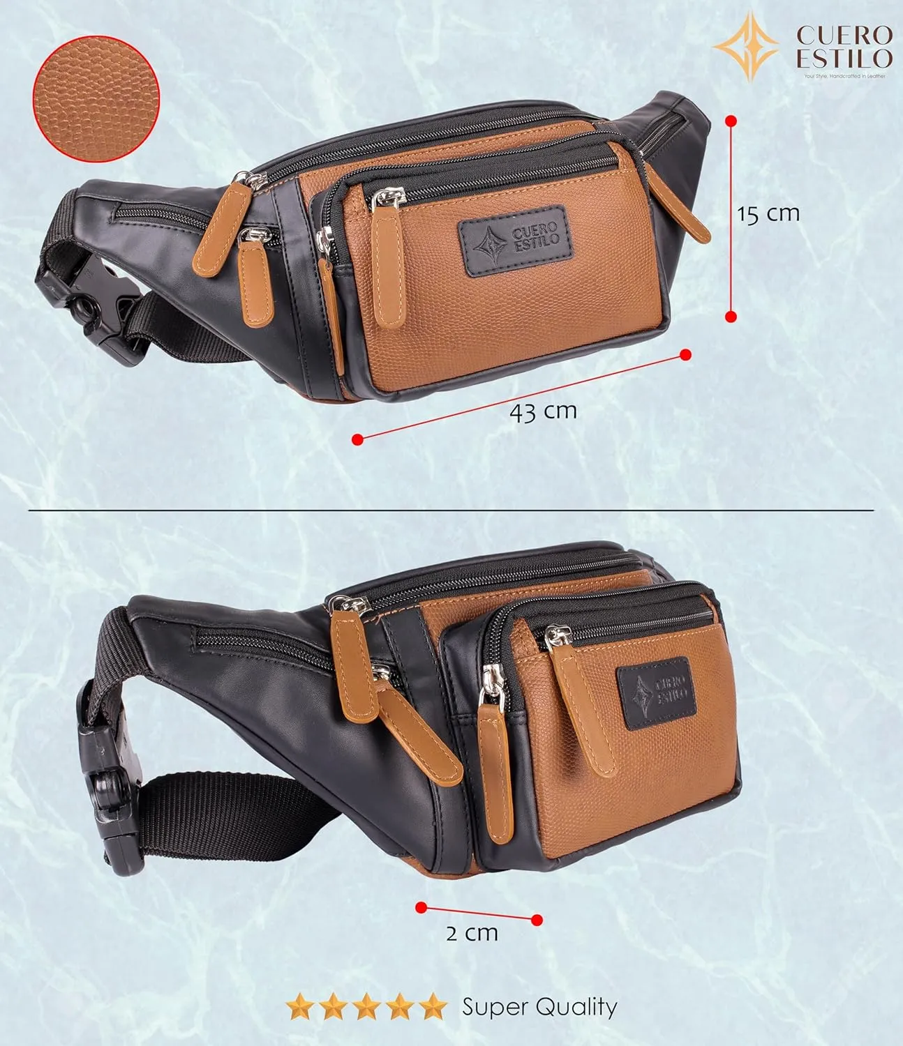 Vegan Leather Fanny Pack - Stylish & Water-Resistant Unisex Waist Bag with Multiple Zipper Compartments, Adjustable Strap for Travel & Everyday Use.