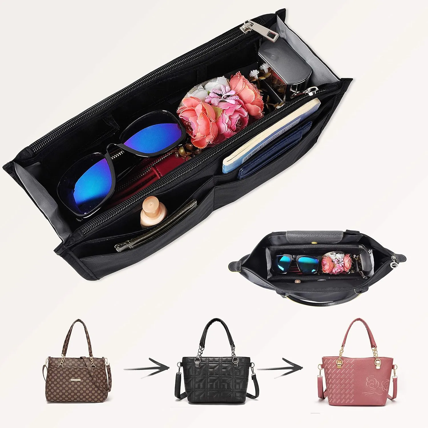 Vercord Patterned Purse Handbag Tote Pocketbook Bag Organizer Insert with Zipper Handle for Women Large Black