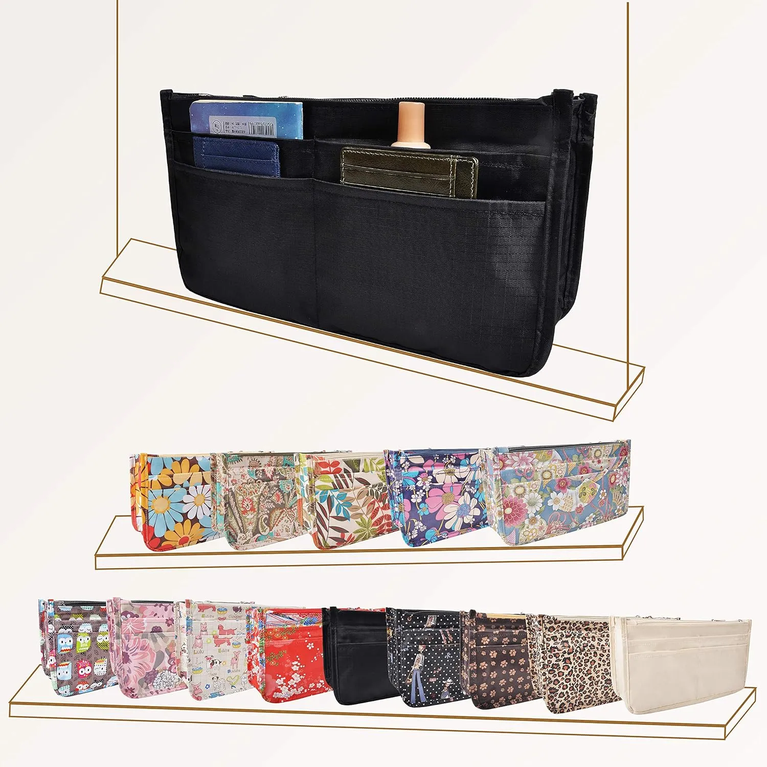 Vercord Patterned Purse Handbag Tote Pocketbook Bag Organizer Insert with Zipper Handle for Women Large Black