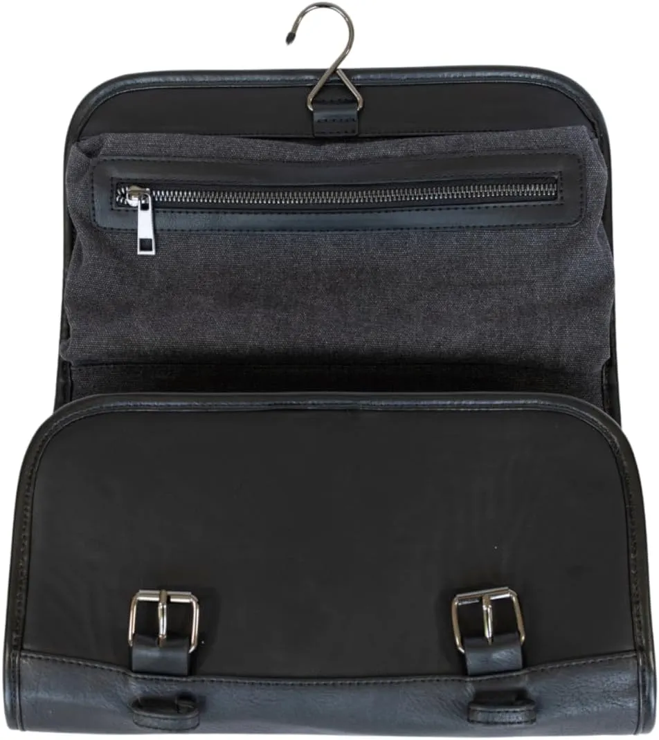 Vetelli Leather Toiletry Bag for Men - Water Resistant, 2 Zippered Internal Pockets, 2 Snap-Fastened Internal Pockets, and Hanging Hook. (Black)