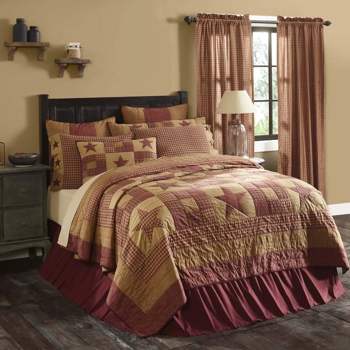 VHC Brands Ninepatch Star King Quilt 105Wx95L Country Patchwork Design, Burgundy