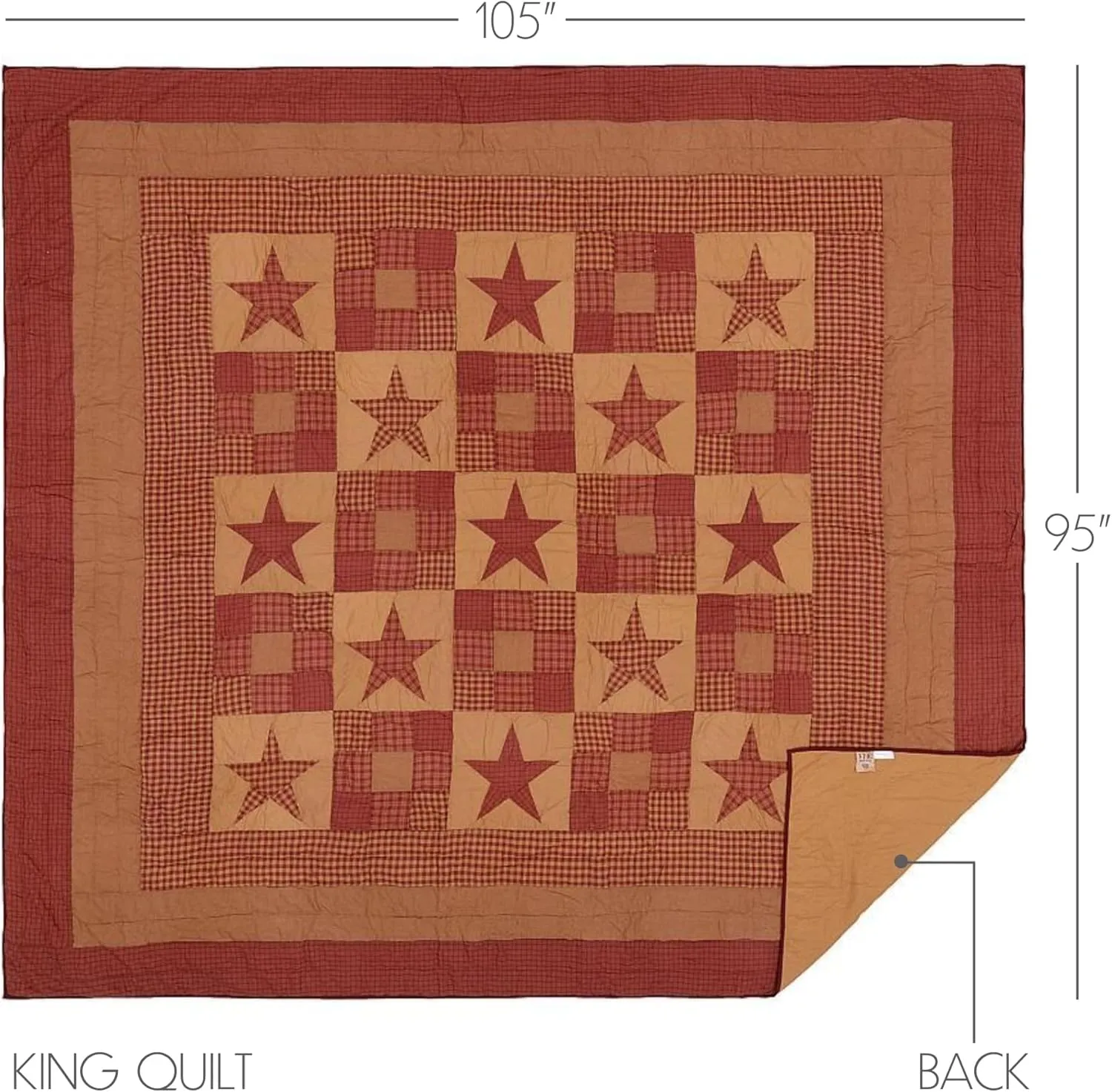 VHC Brands Ninepatch Star King Quilt 105Wx95L Country Patchwork Design, Burgundy