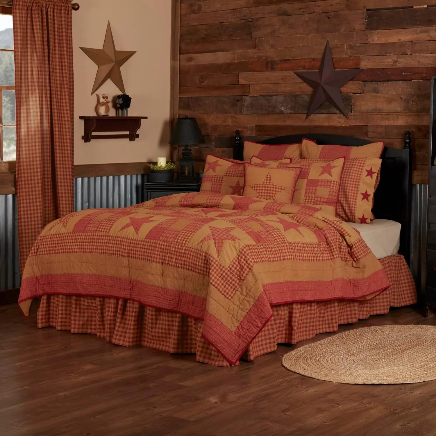 VHC Brands Ninepatch Star King Quilt 105Wx95L Country Patchwork Design, Burgundy