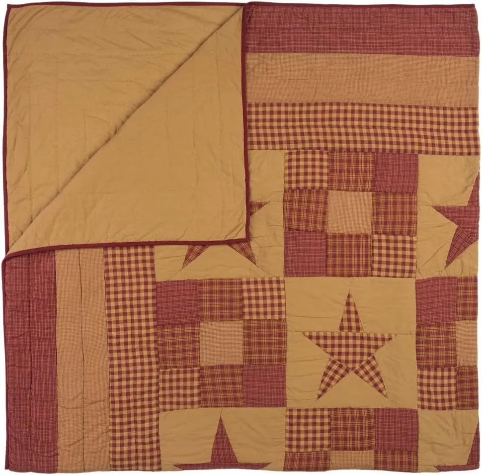 VHC Brands Ninepatch Star King Quilt 105Wx95L Country Patchwork Design, Burgundy