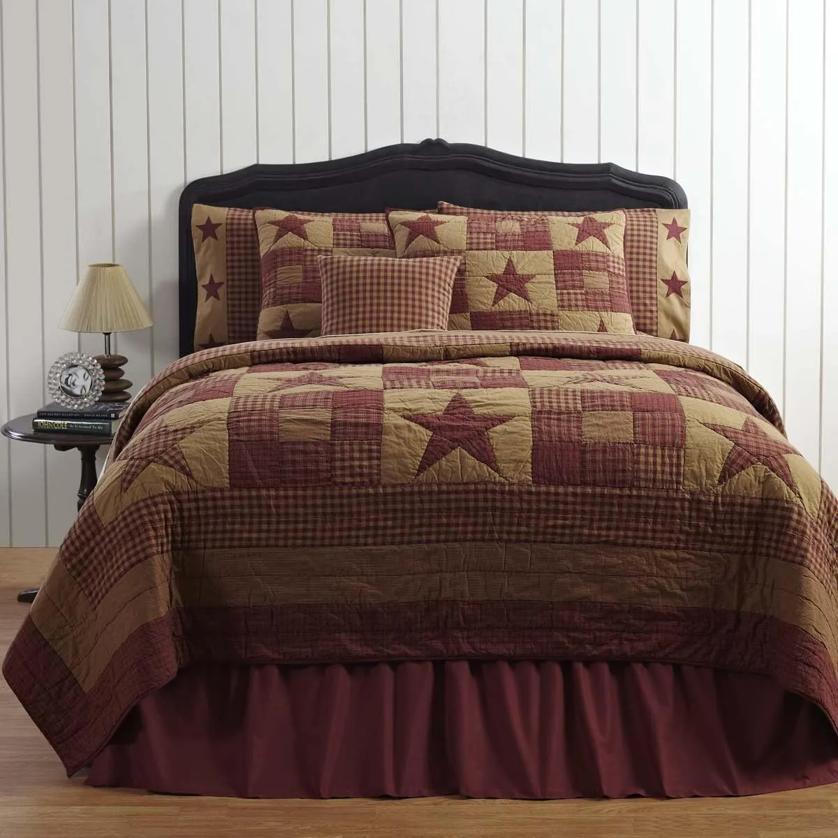 VHC Brands Ninepatch Star King Quilt 105Wx95L Country Patchwork Design, Burgundy