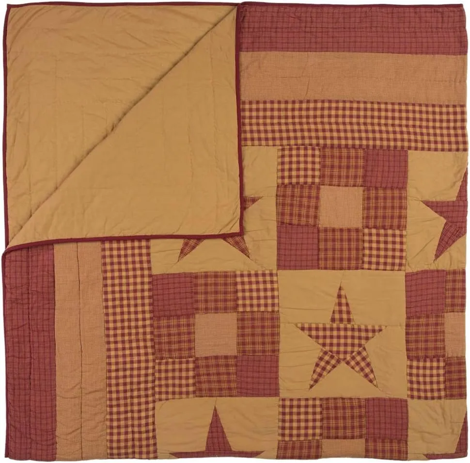 VHC Brands Ninepatch Star King Quilt 105Wx95L Country Patchwork Design, Burgundy