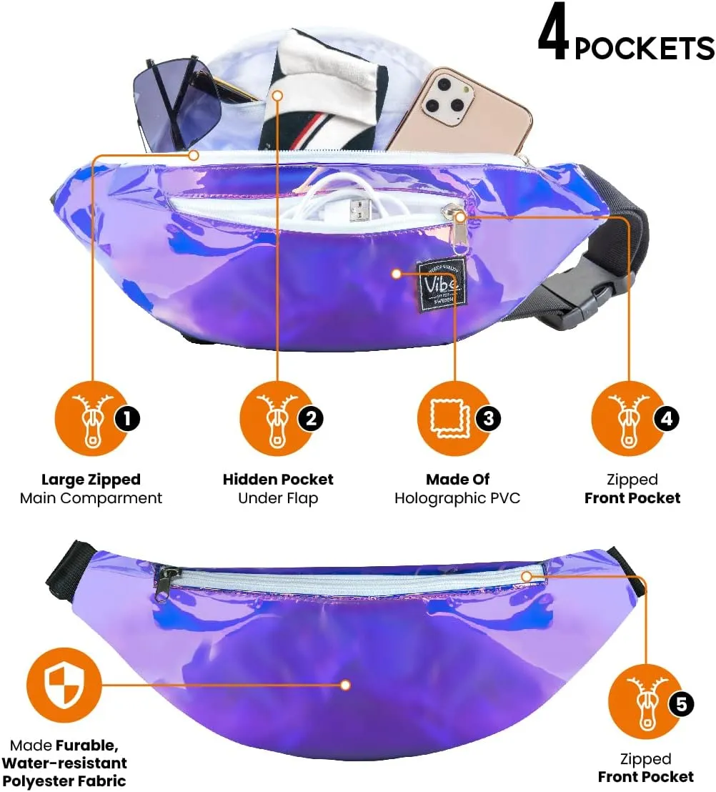 Vibe Festival Gear Fanny Pack for Men Women - Many Prints - Black Holographic Silver Gold Cute Waist Bag for Festival Rave Hiking Running Cycling