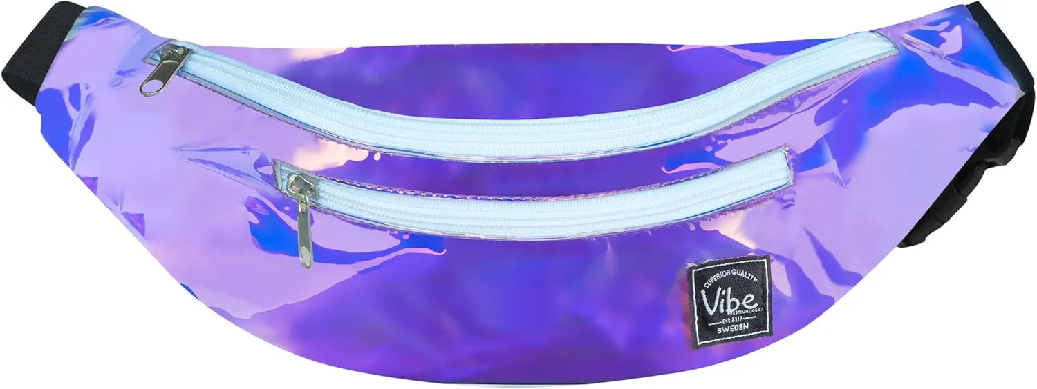 Vibe Festival Gear Fanny Pack for Men Women - Many Prints - Black Holographic Silver Gold Cute Waist Bag for Festival Rave Hiking Running Cycling