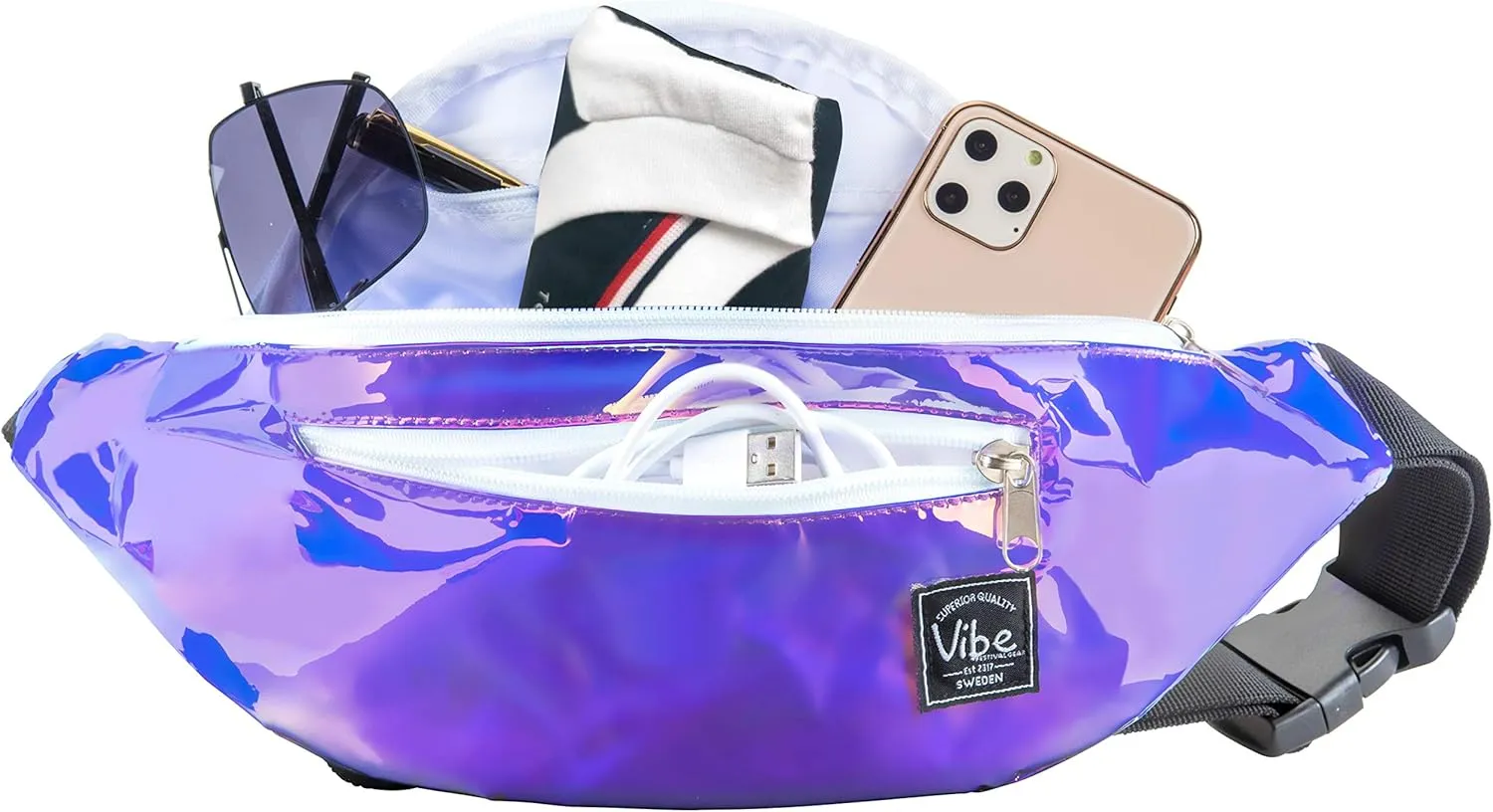 Vibe Festival Gear Fanny Pack for Men Women - Many Prints - Black Holographic Silver Gold Cute Waist Bag for Festival Rave Hiking Running Cycling
