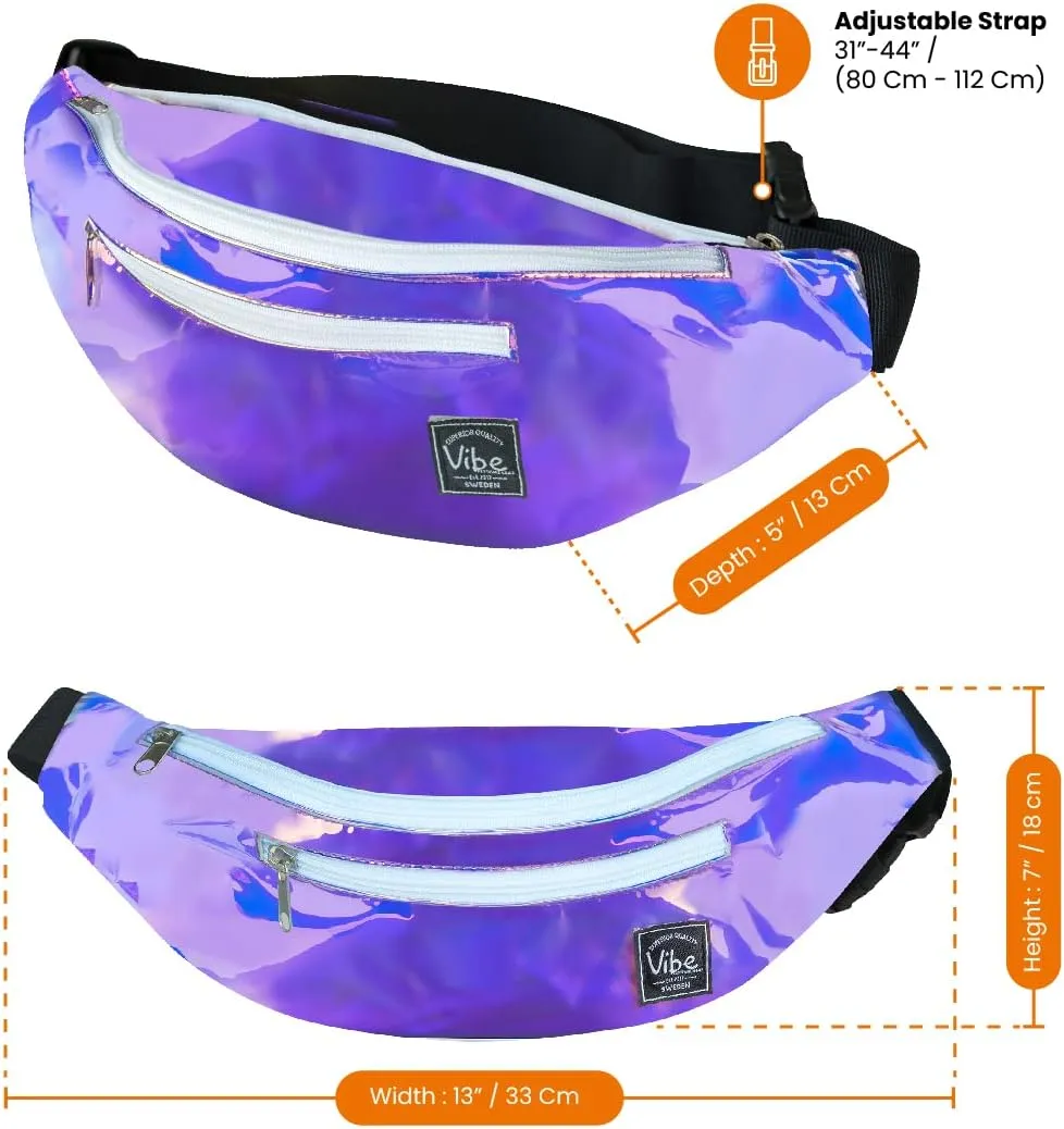 Vibe Festival Gear Fanny Pack for Men Women - Many Prints - Black Holographic Silver Gold Cute Waist Bag for Festival Rave Hiking Running Cycling