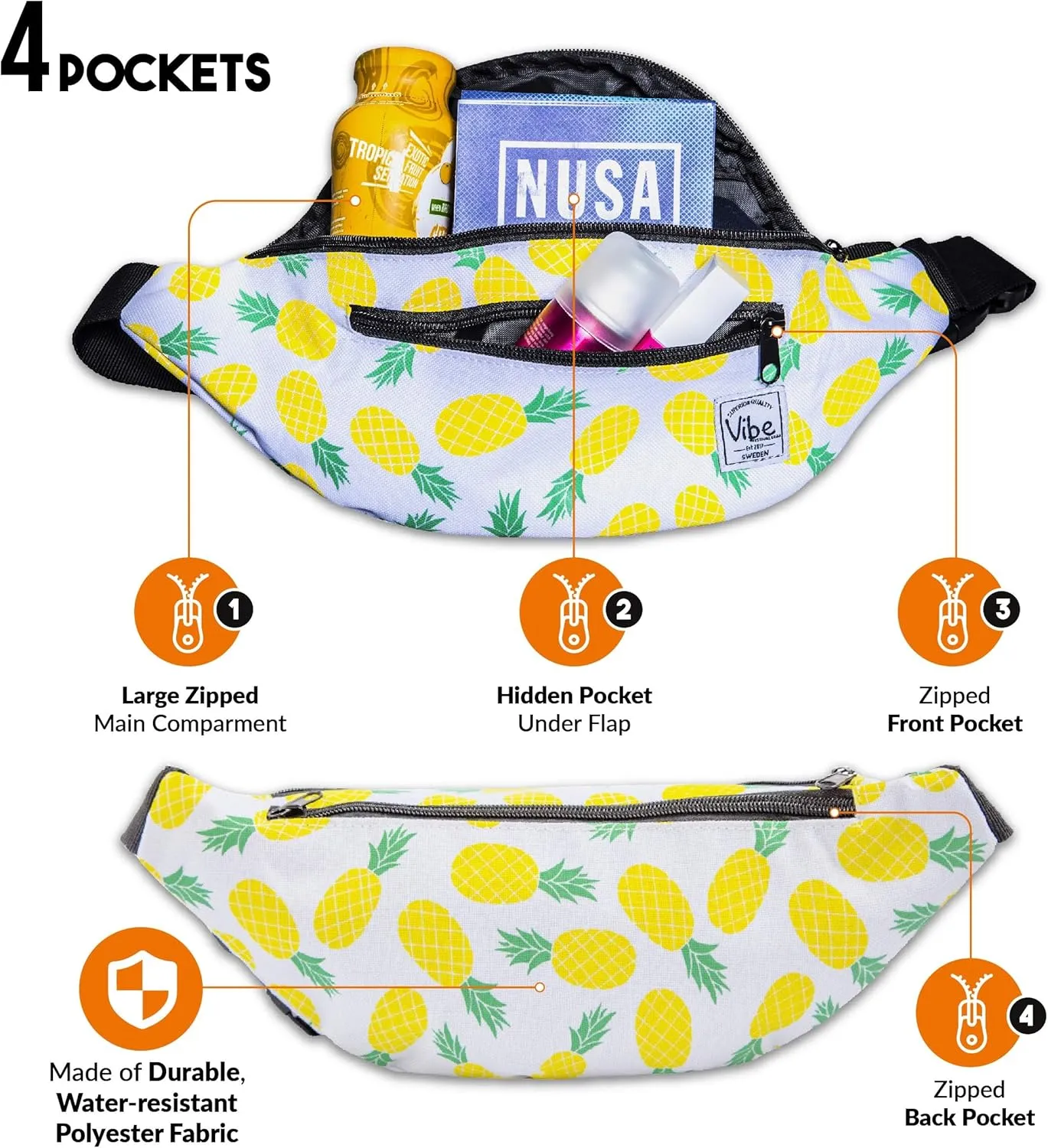 Vibe Festival Gear Fanny Pack for Men Women - Many Prints - Black Holographic Silver Gold Cute Waist Bag for Festival Rave Hiking Running Cycling