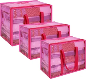 Vieshful Pink 40L 60L 90L Clear Clothes Storage Bag with Zipper 3 Pack Colorful Clothes Organizer Vinyl Storage Bag for Comforter, Blanket, Bedding, Duvet, Transparent Moving Totes