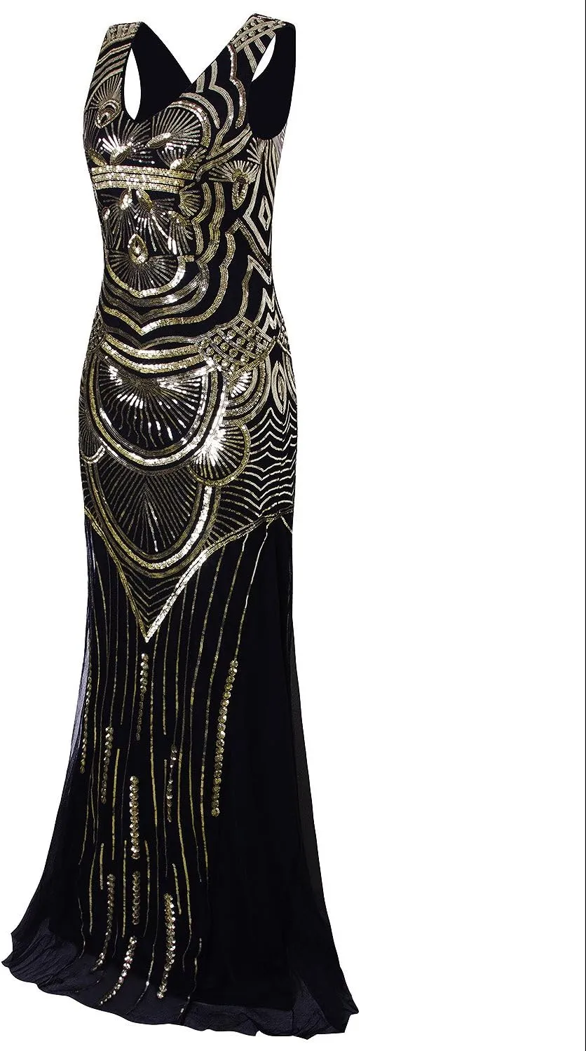 Vijiv 1920s Long Maxi Prom Gowns Sequin Mermaid Bridesmaid Formal Evening Dress