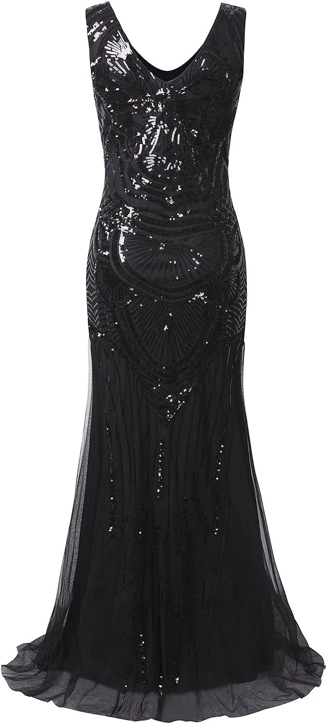 Vijiv 1920s Long Maxi Prom Gowns Sequin Mermaid Bridesmaid Formal Evening Dress
