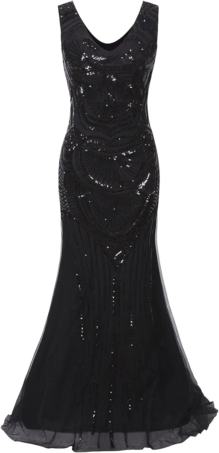 Vijiv 1920s Long Maxi Prom Gowns Sequin Mermaid Bridesmaid Formal Evening Dress