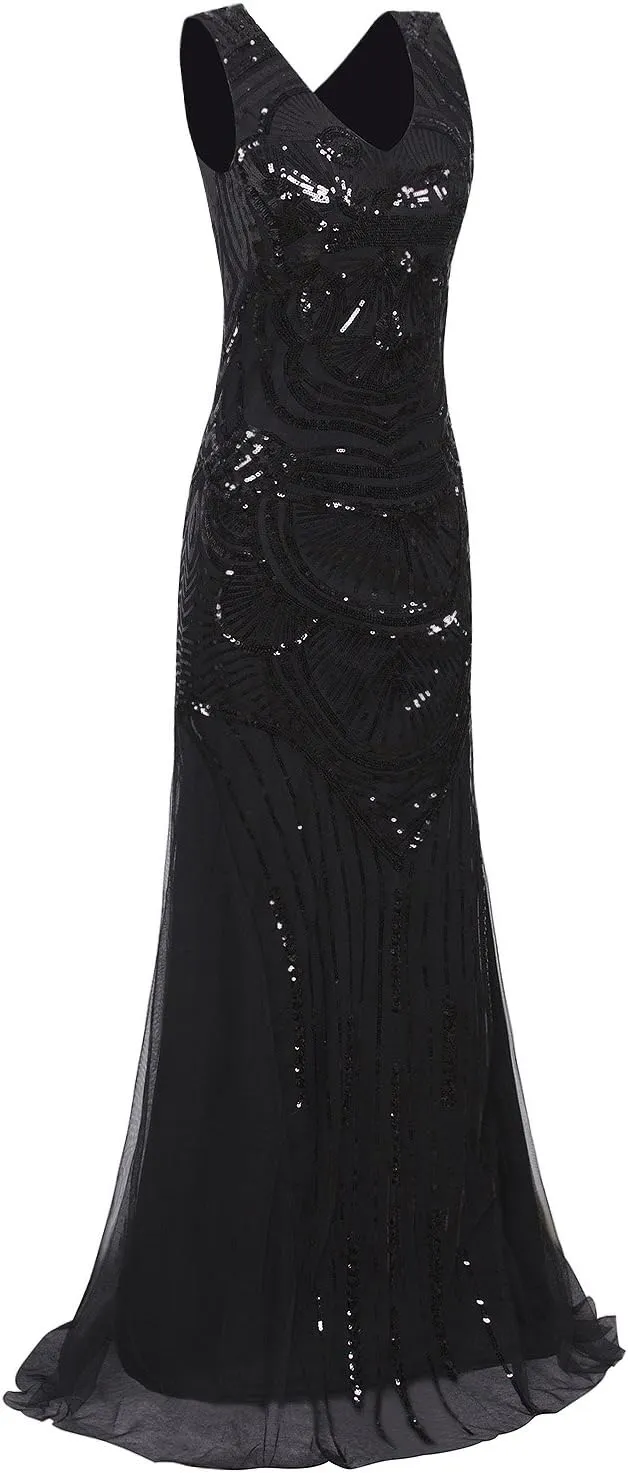 Vijiv 1920s Long Maxi Prom Gowns Sequin Mermaid Bridesmaid Formal Evening Dress