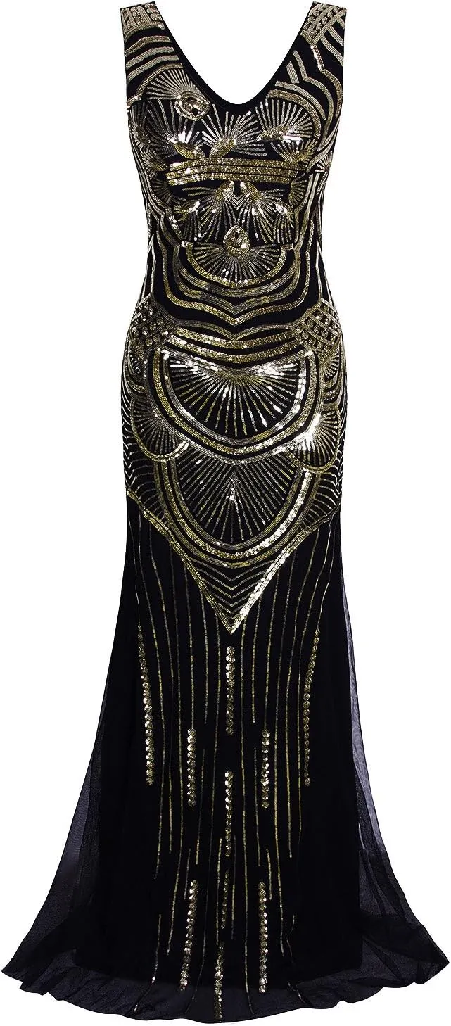 Vijiv 1920s Long Maxi Prom Gowns Sequin Mermaid Bridesmaid Formal Evening Dress
