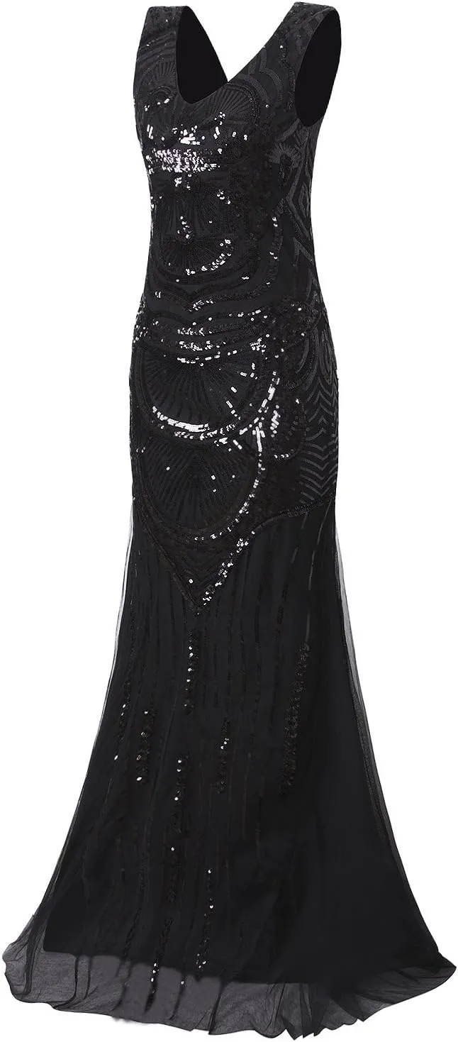 Vijiv 1920s Long Maxi Prom Gowns Sequin Mermaid Bridesmaid Formal Evening Dress