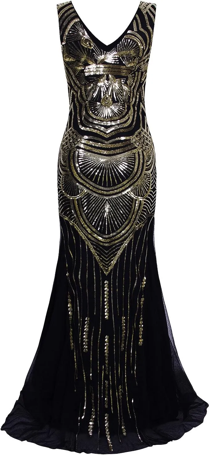 Vijiv 1920s Long Maxi Prom Gowns Sequin Mermaid Bridesmaid Formal Evening Dress