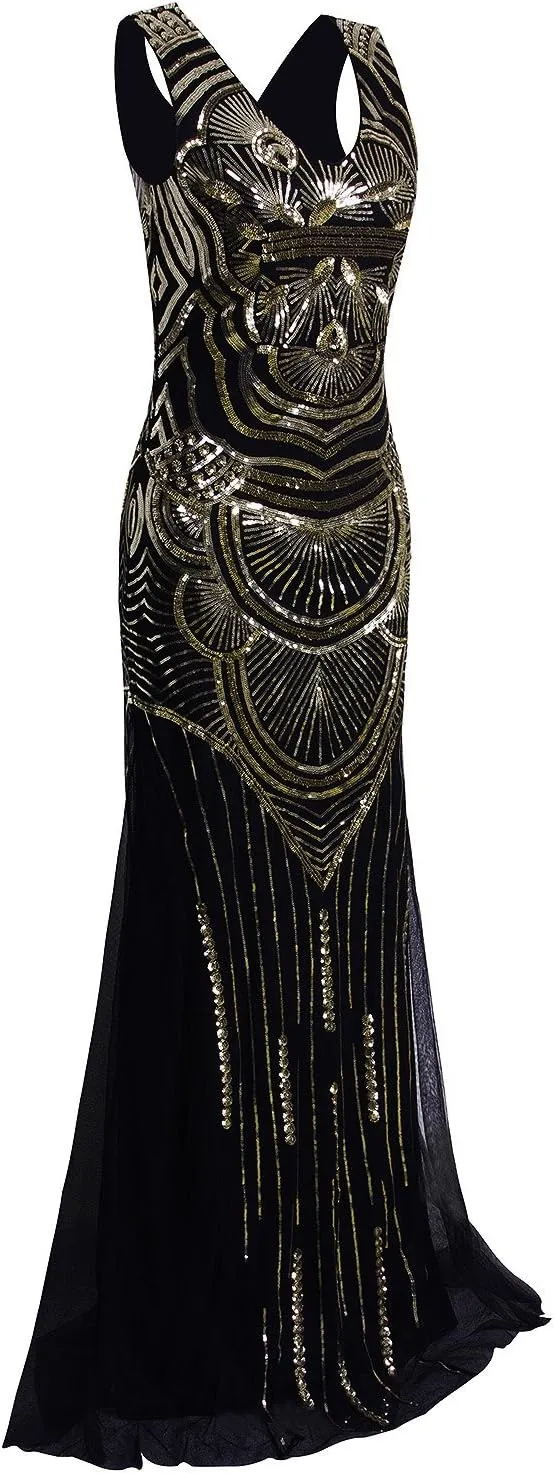 Vijiv 1920s Long Maxi Prom Gowns Sequin Mermaid Bridesmaid Formal Evening Dress