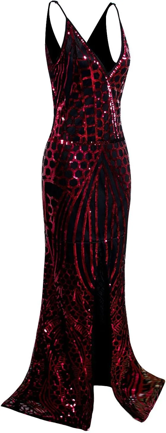 Vijiv 1920s Long Slit Prom Dresses Deep V Neck Sequin Mermaid Bridesmaid Evening Dress