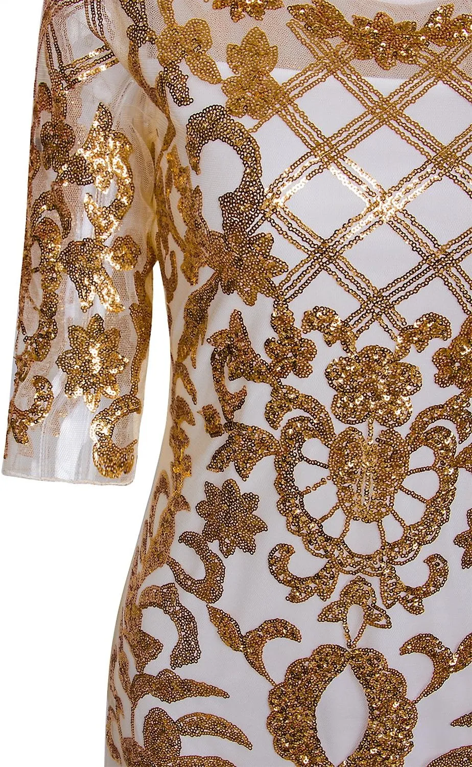 Vijiv Vintage 1920s Long Wedding Prom Dresses 2/3 Sleeve Sequin Party Evening Gown