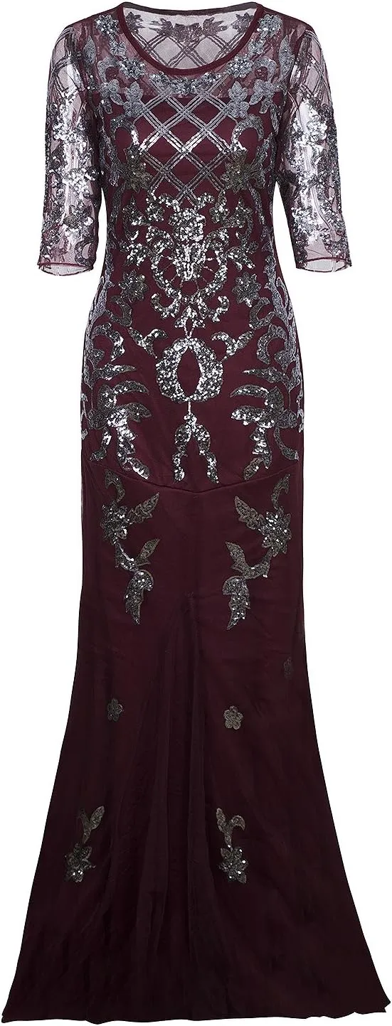 Vijiv Vintage 1920s Long Wedding Prom Dresses 2/3 Sleeve Sequin Party Evening Gown