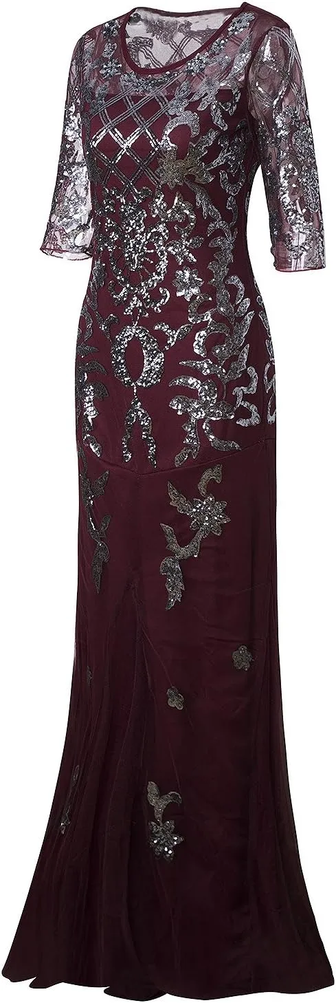 Vijiv Vintage 1920s Long Wedding Prom Dresses 2/3 Sleeve Sequin Party Evening Gown