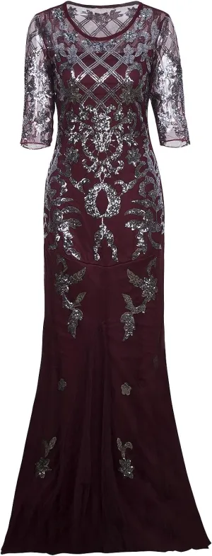 Vijiv Vintage 1920s Long Wedding Prom Dresses 2/3 Sleeve Sequin Party Evening Gown