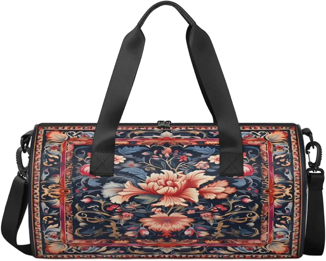 Village Florals Pattern Travel Gym Bag Waterproof Sport Dance Bag for Women Men Portable Gymnastics Duffel Bags Canvas Tote Carry on Handbag for Workout Overnight Weekender