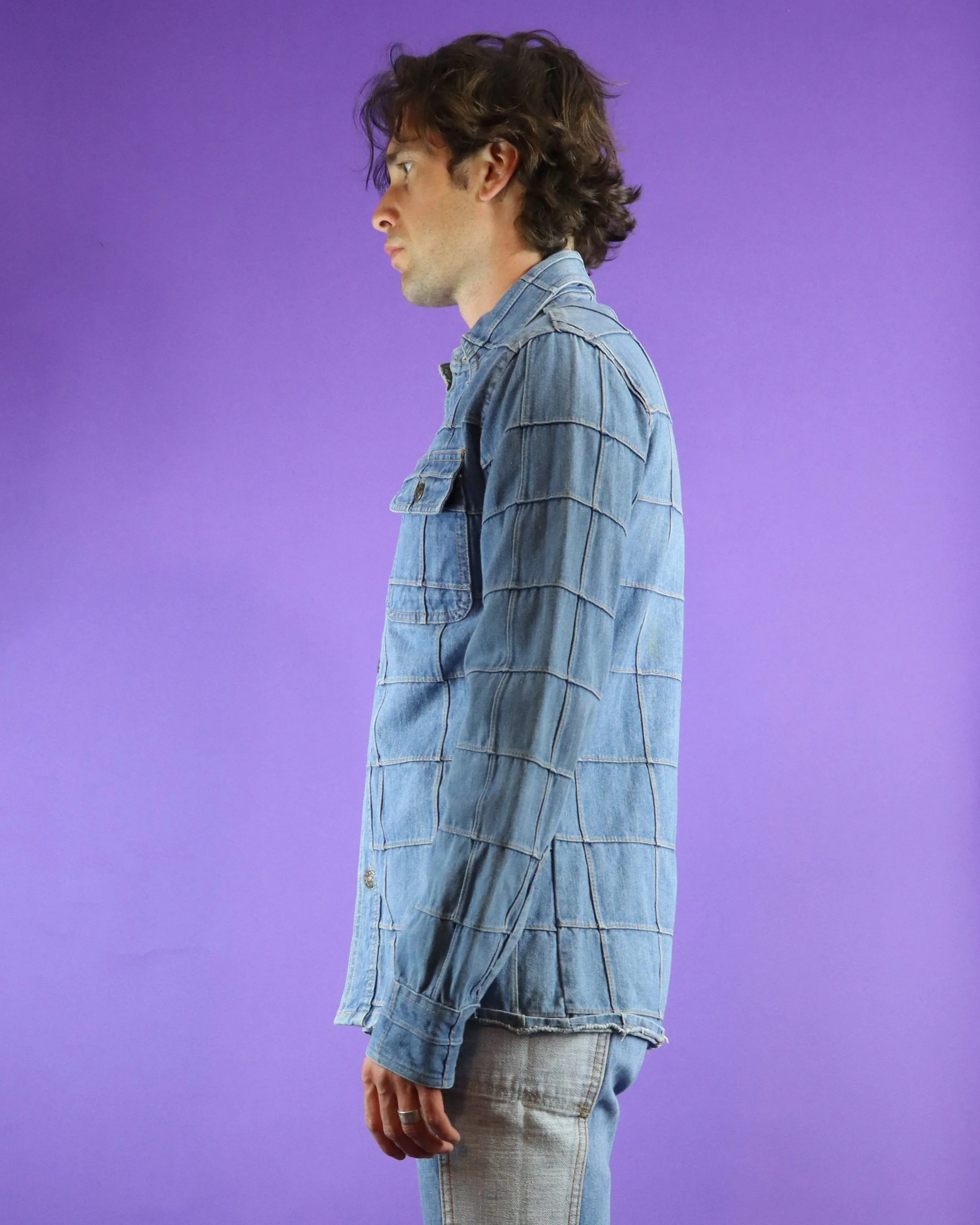 Vintage 1970s Windowpane Denim Patchwork Shirt