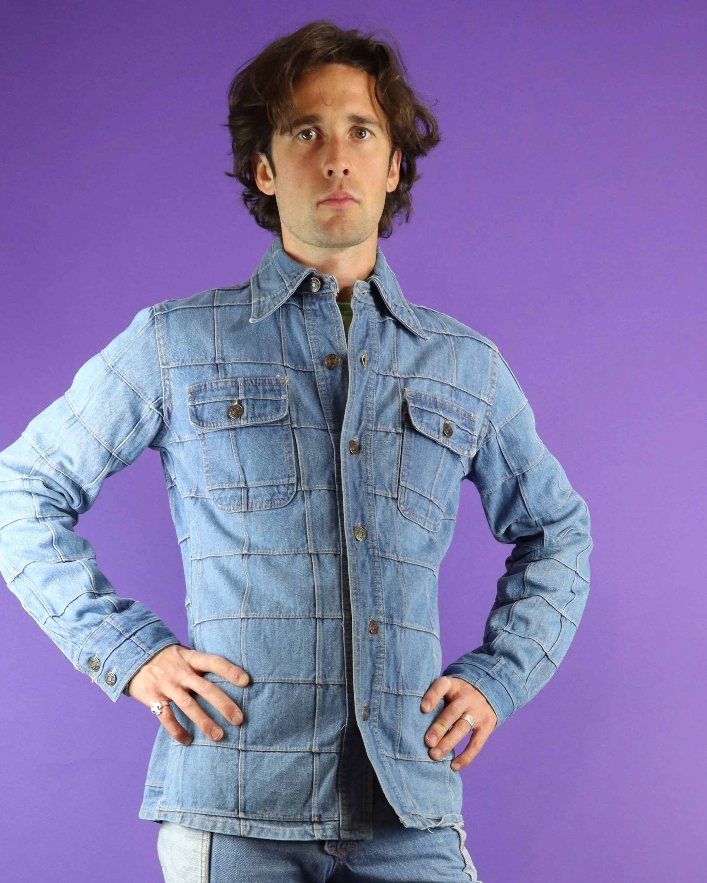 Vintage 1970s Windowpane Denim Patchwork Shirt