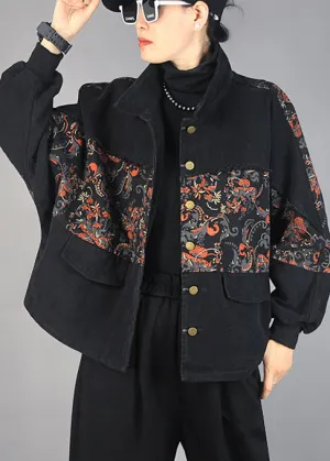 Vintage Black Oversized Patchwork Print Denim Jacket Spring
