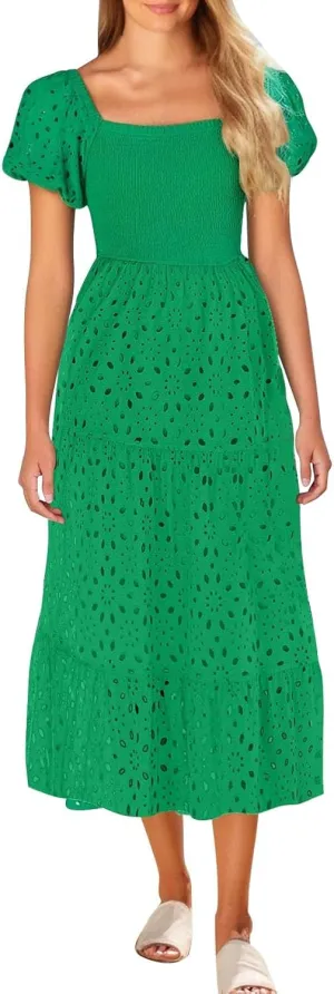 Vintage Floral Hollow Out Pleated Dress for Women Trendy Puff Sleeve Ruffle Hem Maxi Dresses Working Business Wear