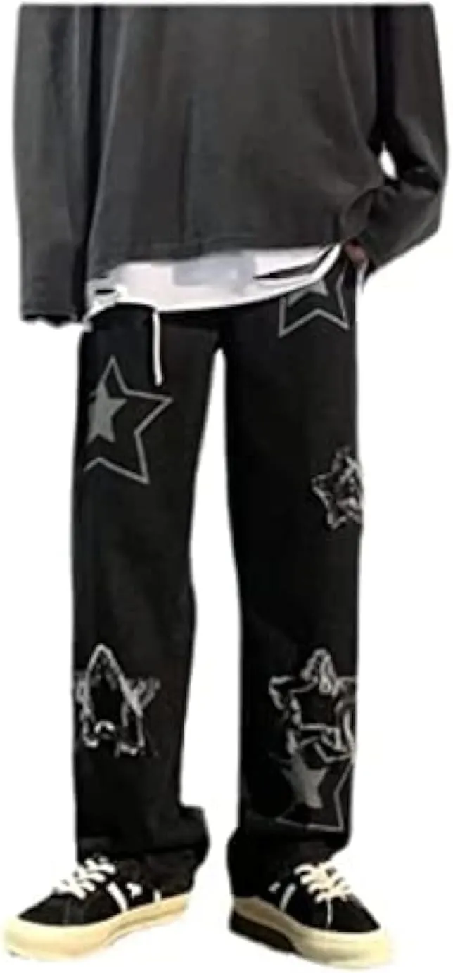 Vintage Men's Korean Denim Pants Y2K Cltohes Streetwear Printed Patchwork Male Baggy Jeans Straight Trousers