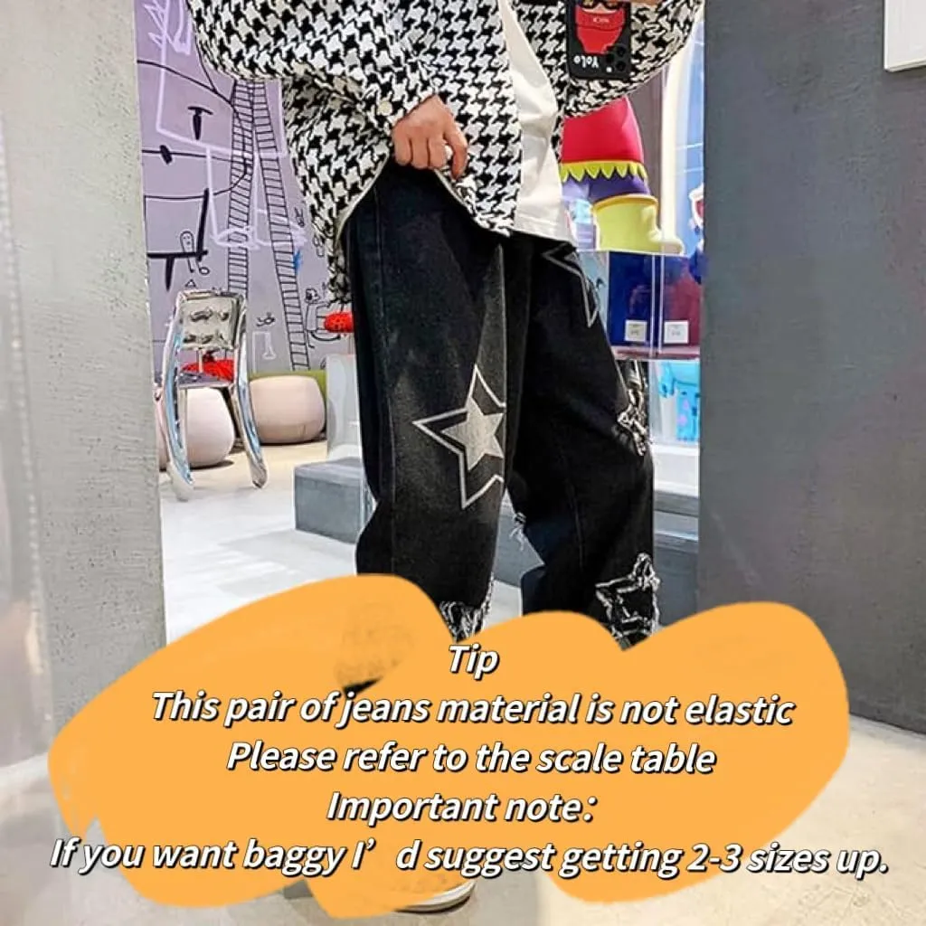 Vintage Men's Korean Denim Pants Y2K Cltohes Streetwear Printed Patchwork Male Baggy Jeans Straight Trousers