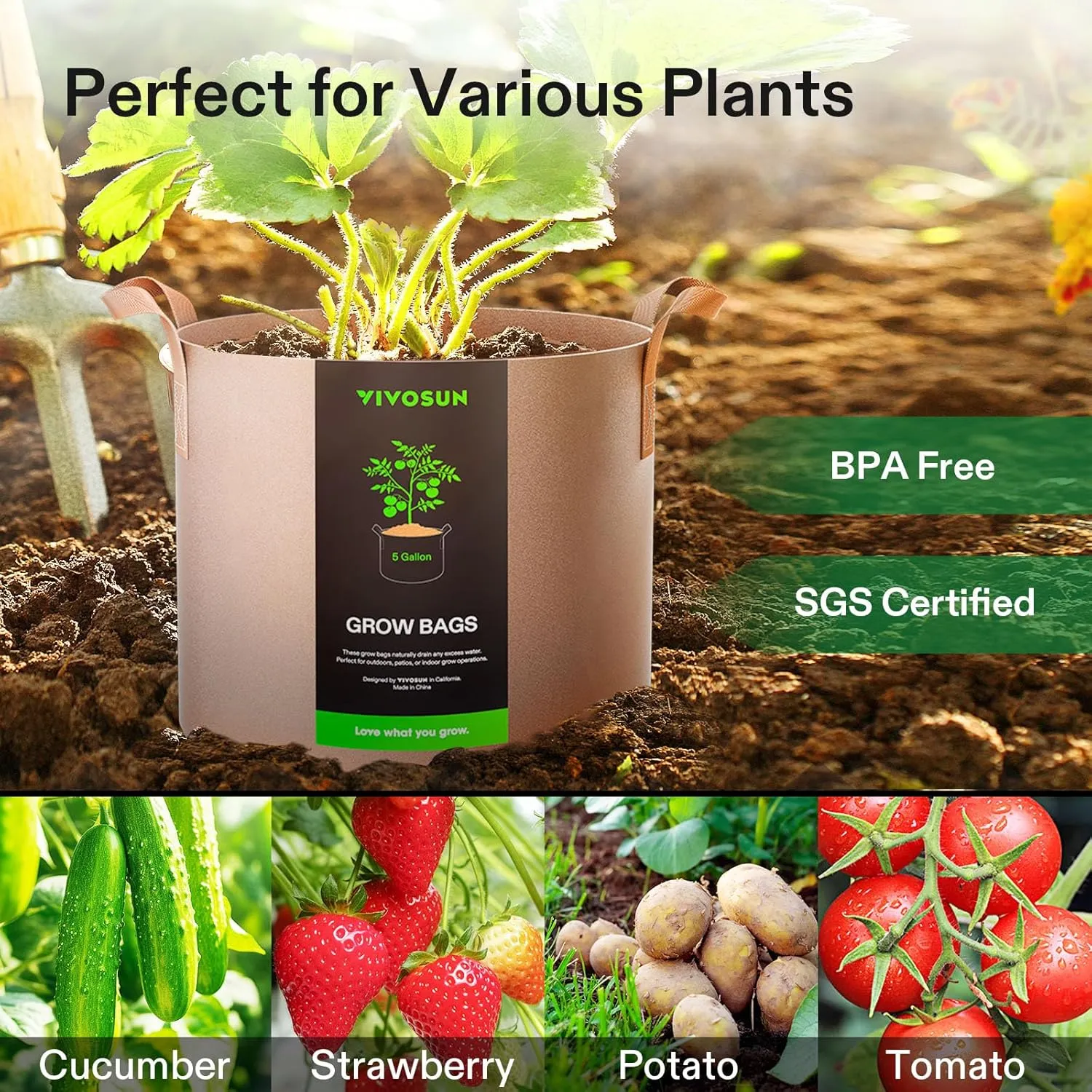 VIVOSUN 5-Pack 5 Gallons Grow Bags Heavy Duty Thickened Nonwoven Fabric Pots with Strap Handles Tan