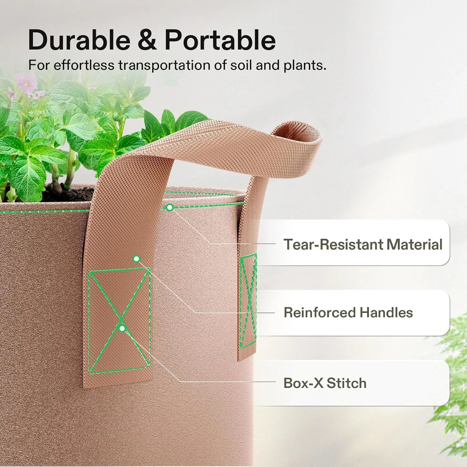 VIVOSUN 5-Pack 5 Gallons Grow Bags Heavy Duty Thickened Nonwoven Fabric Pots with Strap Handles Tan