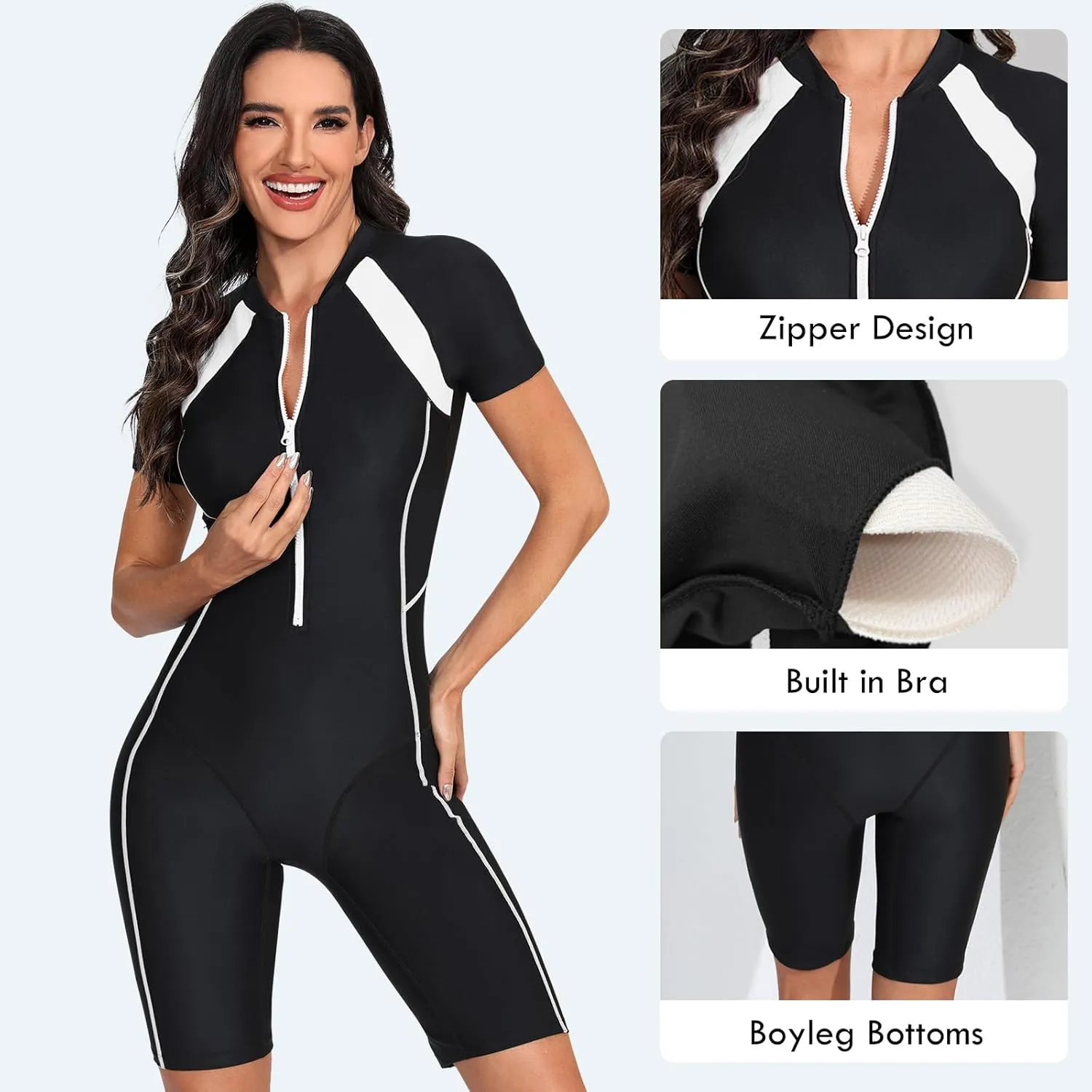 VUTRU Womens One Piece Swimsuit Short Sleeve Rash Guard Padded Bathing Suit UV Protection Front Zip Surf Wetsuit