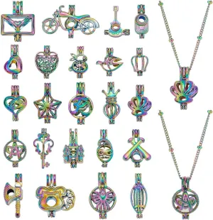 WADORN 40Pcs Pearl Cages Pendants Bulk, Mixed Pearl Cage Locket Pendants Set Stone Pearl Holder Cage Charms Alloy Bead Cage Pendant Essential Oil Diffuser Locket Charms for Jewelry Making DIY Gifts