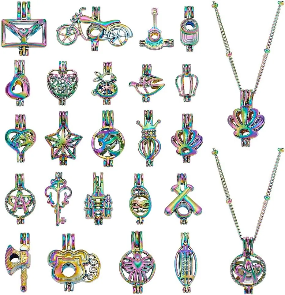 WADORN 40Pcs Pearl Cages Pendants Bulk, Mixed Pearl Cage Locket Pendants Set Stone Pearl Holder Cage Charms Alloy Bead Cage Pendant Essential Oil Diffuser Locket Charms for Jewelry Making DIY Gifts